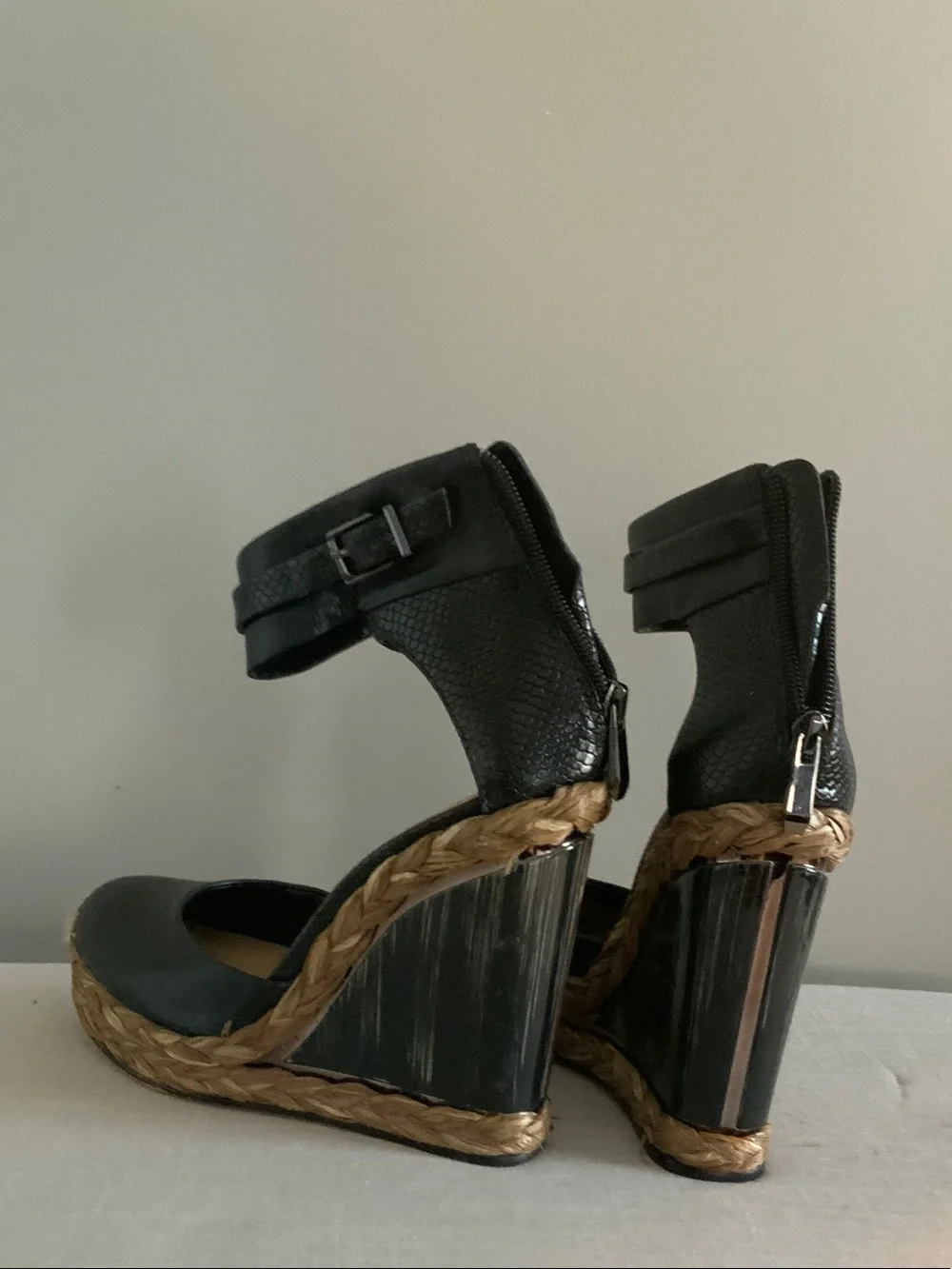BCBGMaxAzria Black Leather Platform Espadrille Wedges